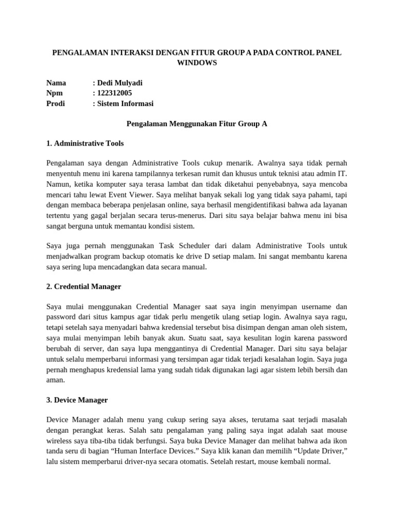Pengalaman Menggunakan Fitur Control Panel Windows | PDF