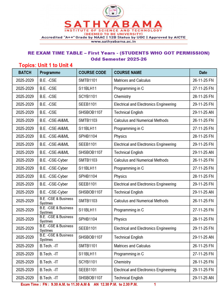 First Year RE Exam Timetable 2025-26 | PDF | Engineering | Electronic ...