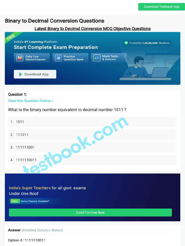 MCQ On Binary To Decimal Conversion 5eea6a1439140f30f369f145 | PDF