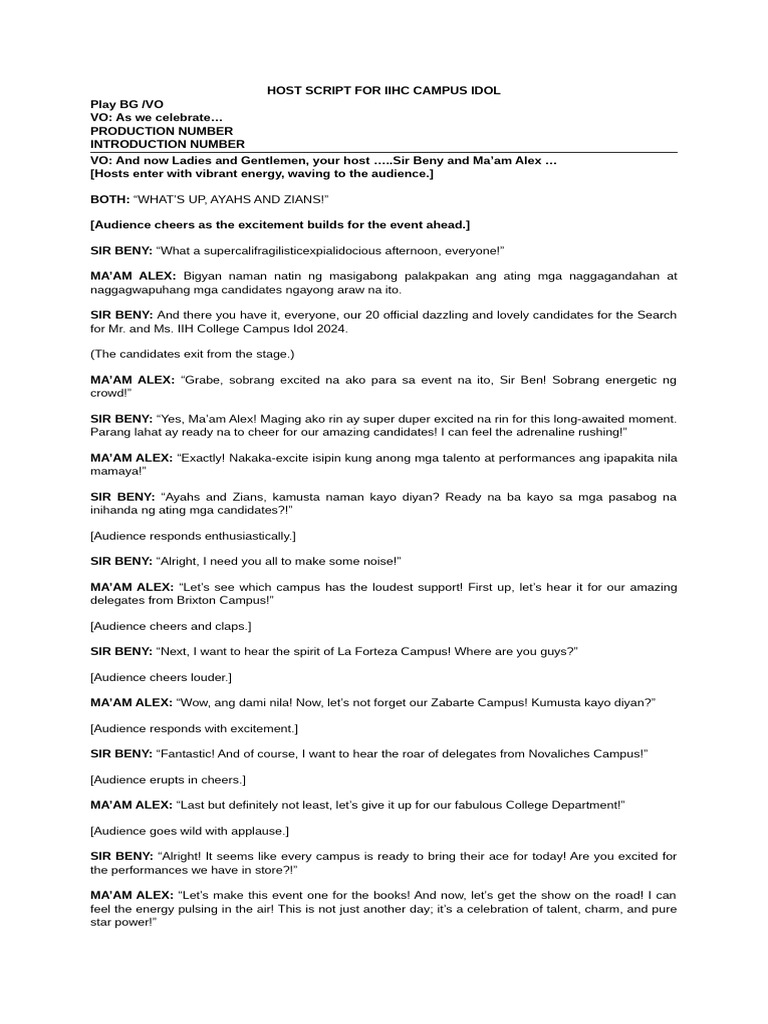 IIH College Campus Idol 2024 Host Script | PDF | Applause | Fashion