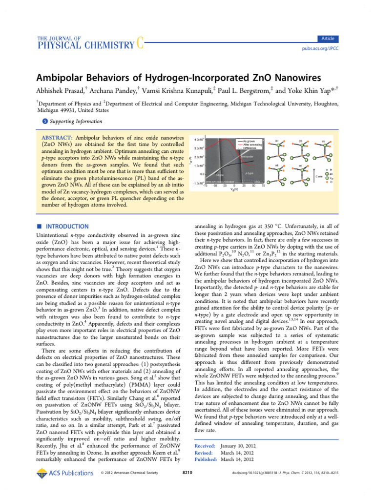 (IM) Ambipolar Behaviors of Hydrogen-Incorporated ZnO Nanowires | PDF ...