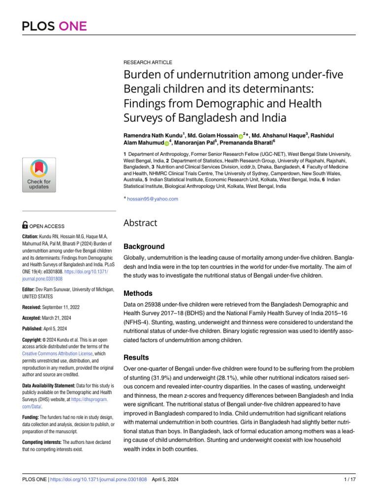 Undernutrition in Bengali Children Under Five | PDF | Malnutrition