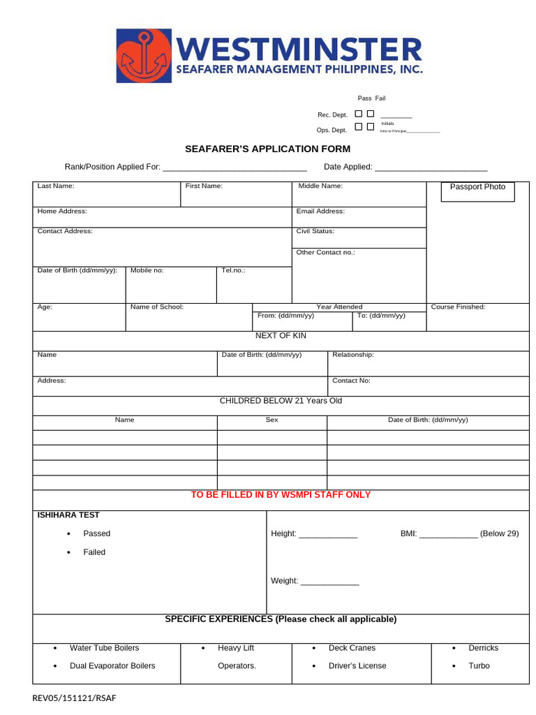 Seafarer's Application Form Template | PDF