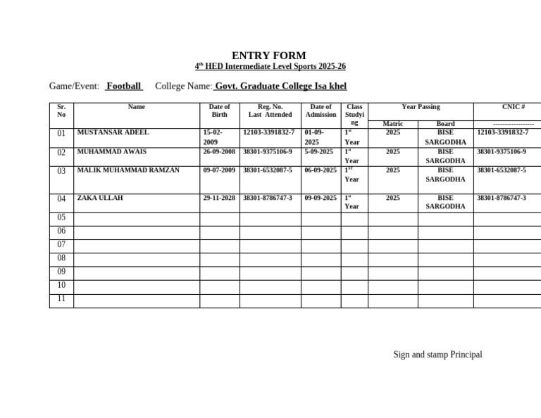 HED Intermediate Sports Entry Form 2025 | PDF
