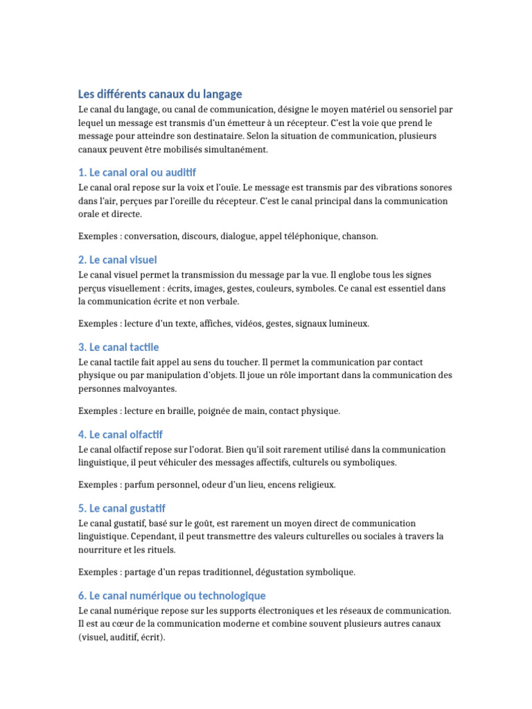 Canaux de communication : types et exemples | PDF | Sens (physiologie ...