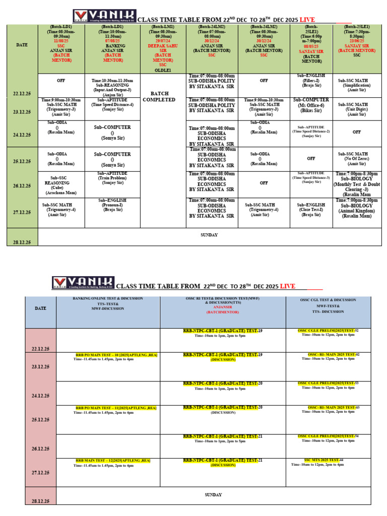 Class Timetable: December 22-28, 2025 | PDF