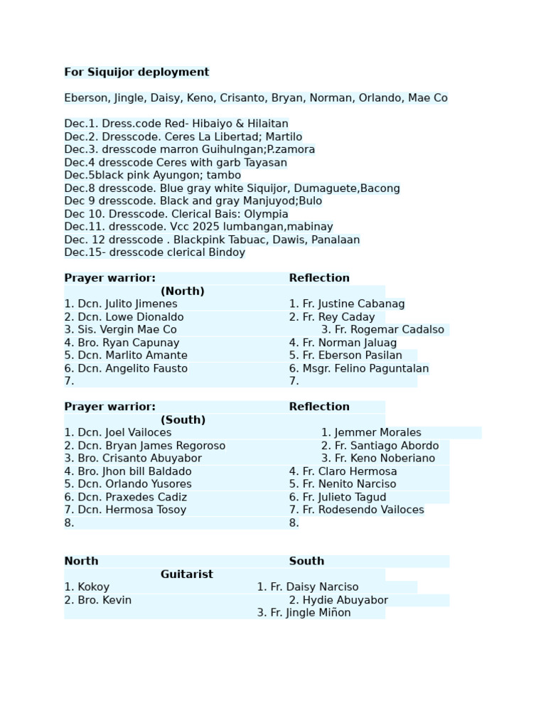Siquijor Deployment Dress Code Schedule | PDF