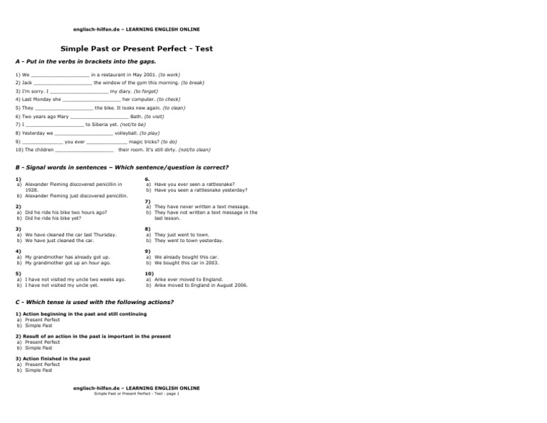 Simple Past vs Present Perfect Test | PDF | Grammar | Syntax