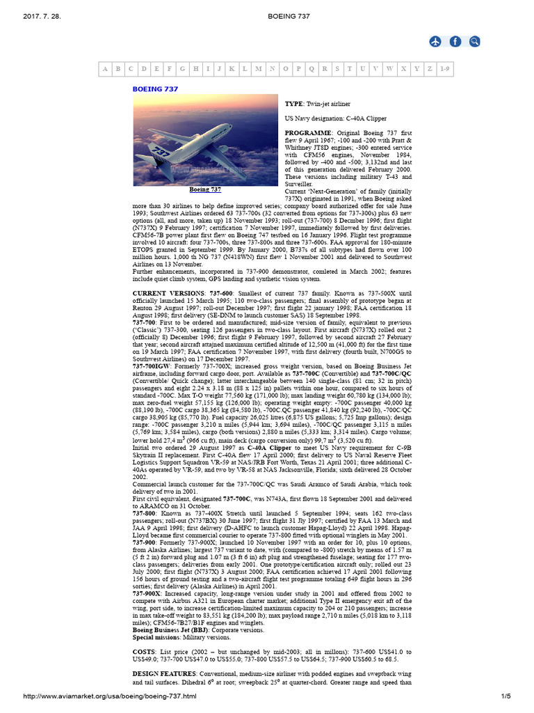 Boeing 737 Overview and Specifications | PDF | Aviation | Aircraft