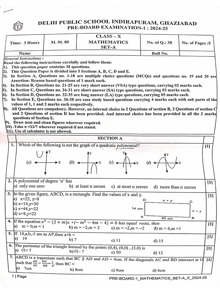X PB1 Maths Set A (24-25) | PDF
