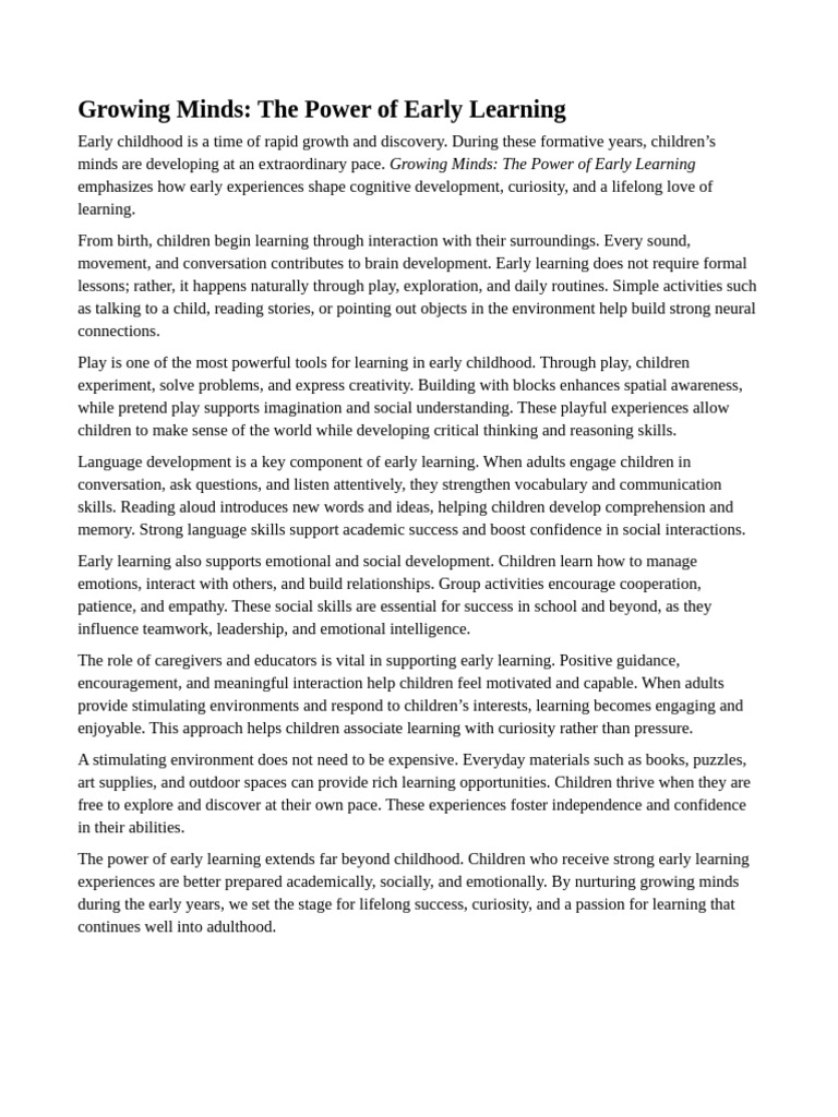 Early Learning: Unlocking Child Potential | PDF | Learning | Mind