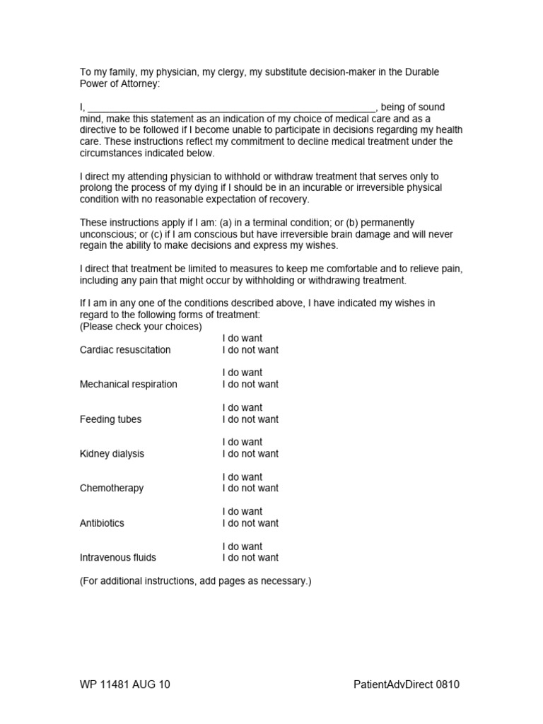 Patient Advance Directive Template | PDF | Health Care | Clinical Medicine