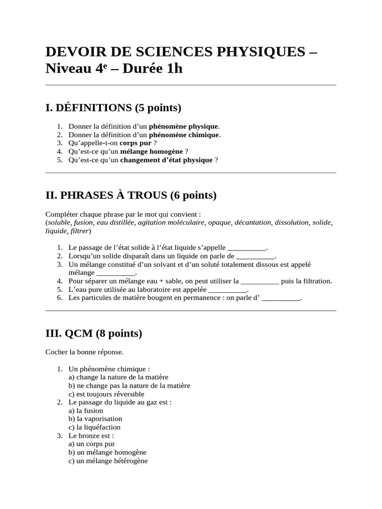 Devoir de sciences physiques 4ᵉ : Phénomènes et mélanges | PDF | Eau ...