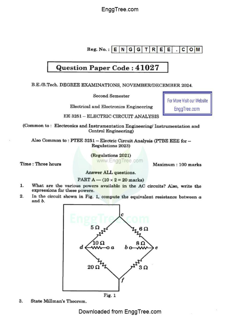 EE3251 Electric Circuit Analysis Nov Dec 2024 Question Paper Download | PDF