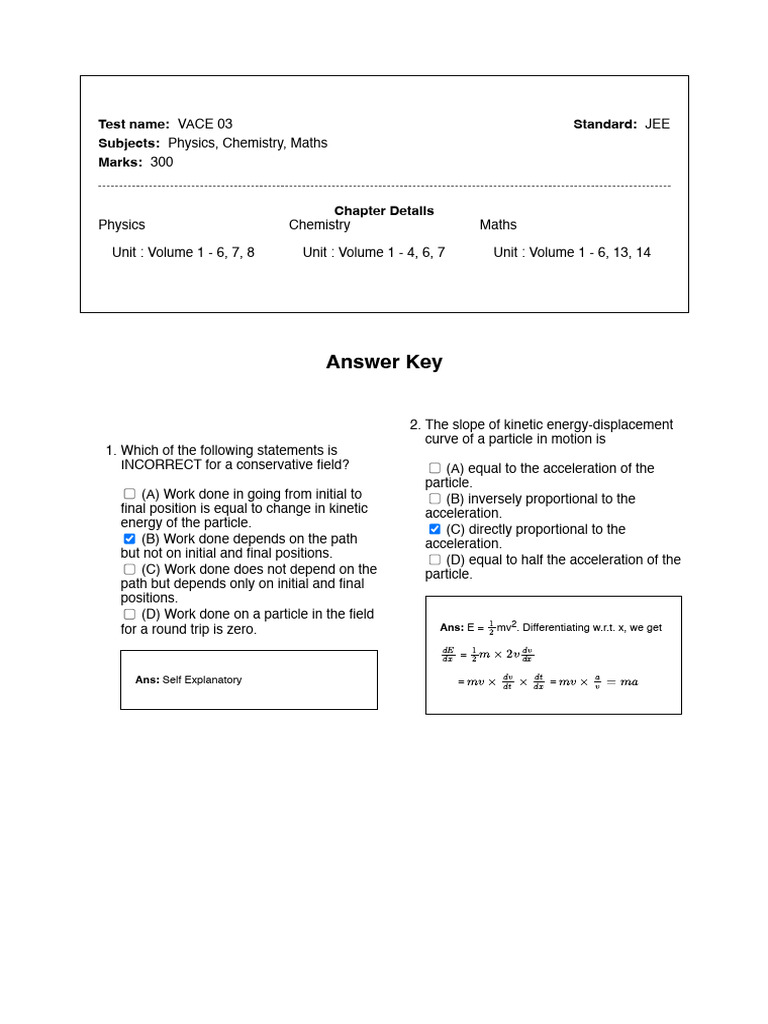 JEE VACE 03 Physics, Chemistry, Maths Test | PDF | Force | Kinetic Energy