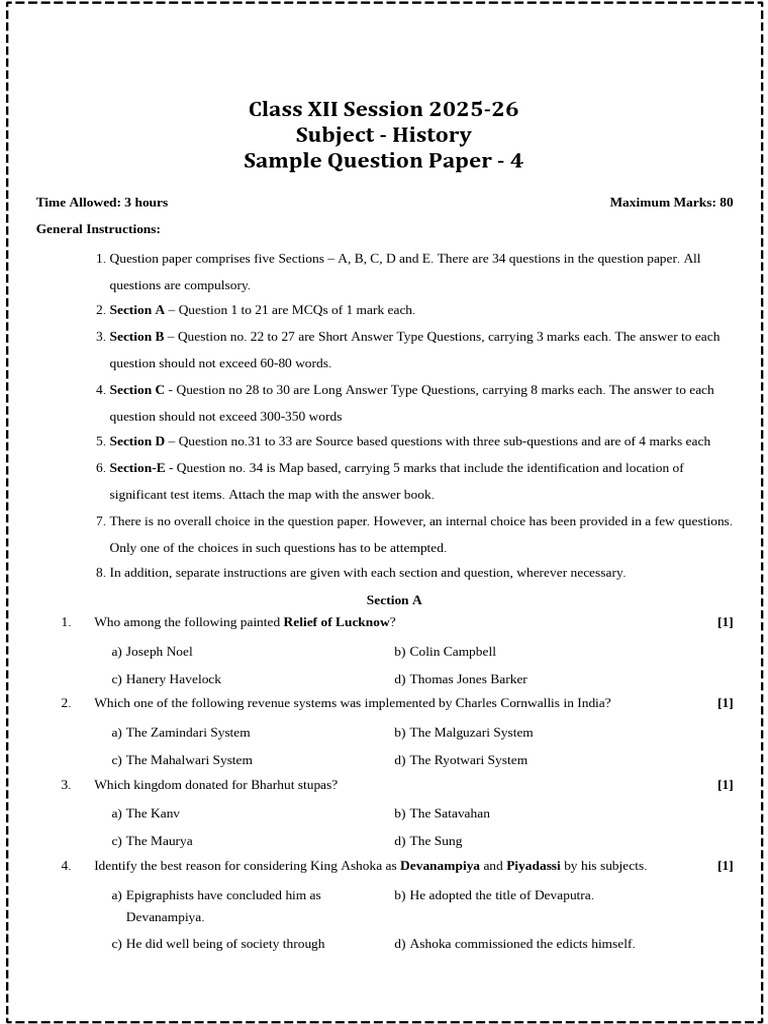 Class XII History Sample Question Paper | PDF | Ashoka | Vedas