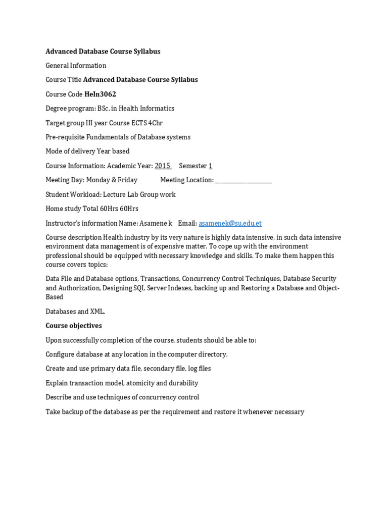 Advanced Database Course Syllabus | PDF | Databases | Database Transaction
