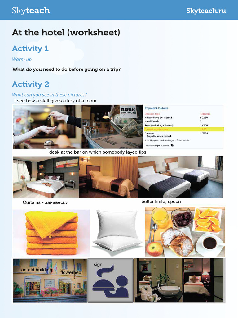 At The Hotel Worksheet 1 | PDF | Hotel