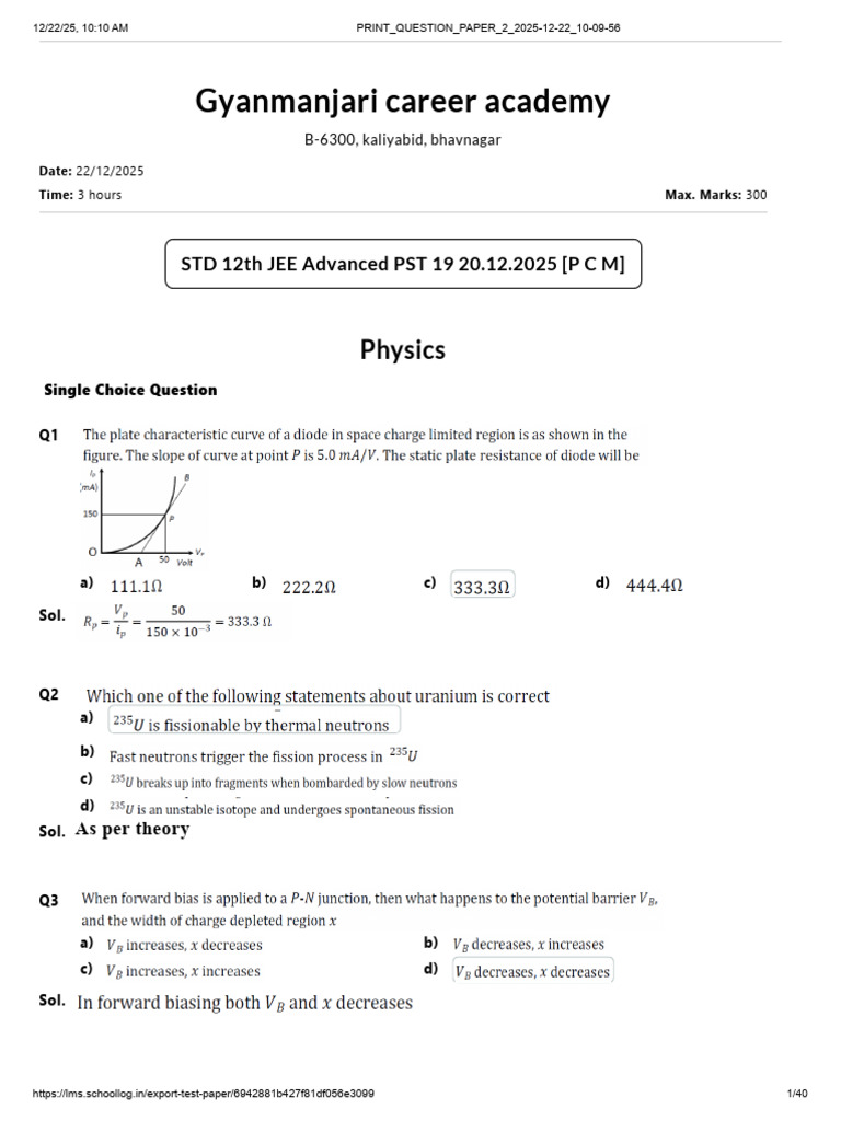 JEE Advanced Physics Chemistry Math Paper | PDF