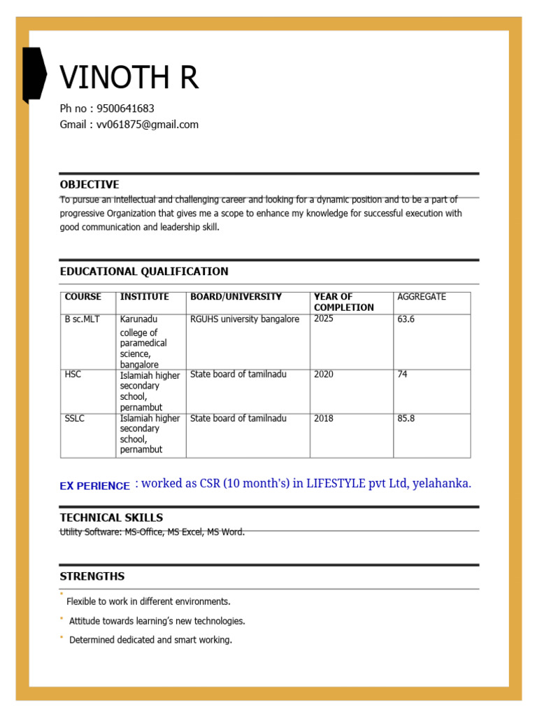 Vinoth R - Resume for MLT Position | PDF