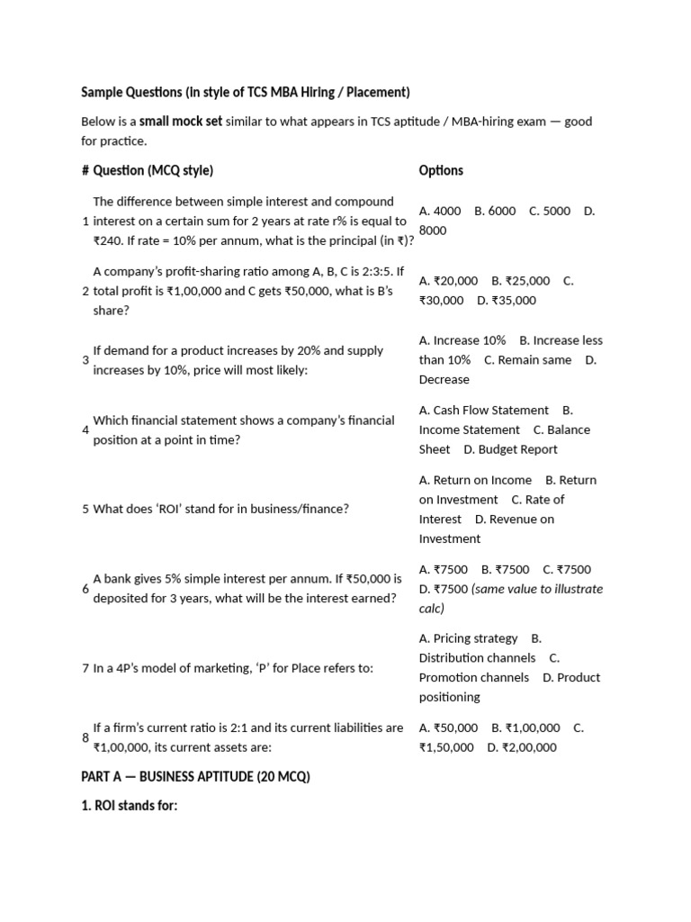 TCS MBA Hiring Exam Practice Questions | PDF | Interest | Investing