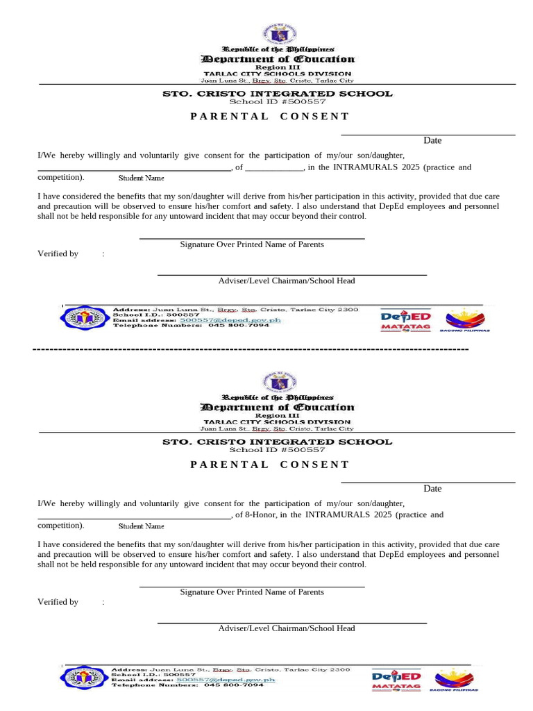 Parental Consent for Intramurals 2025 | PDF