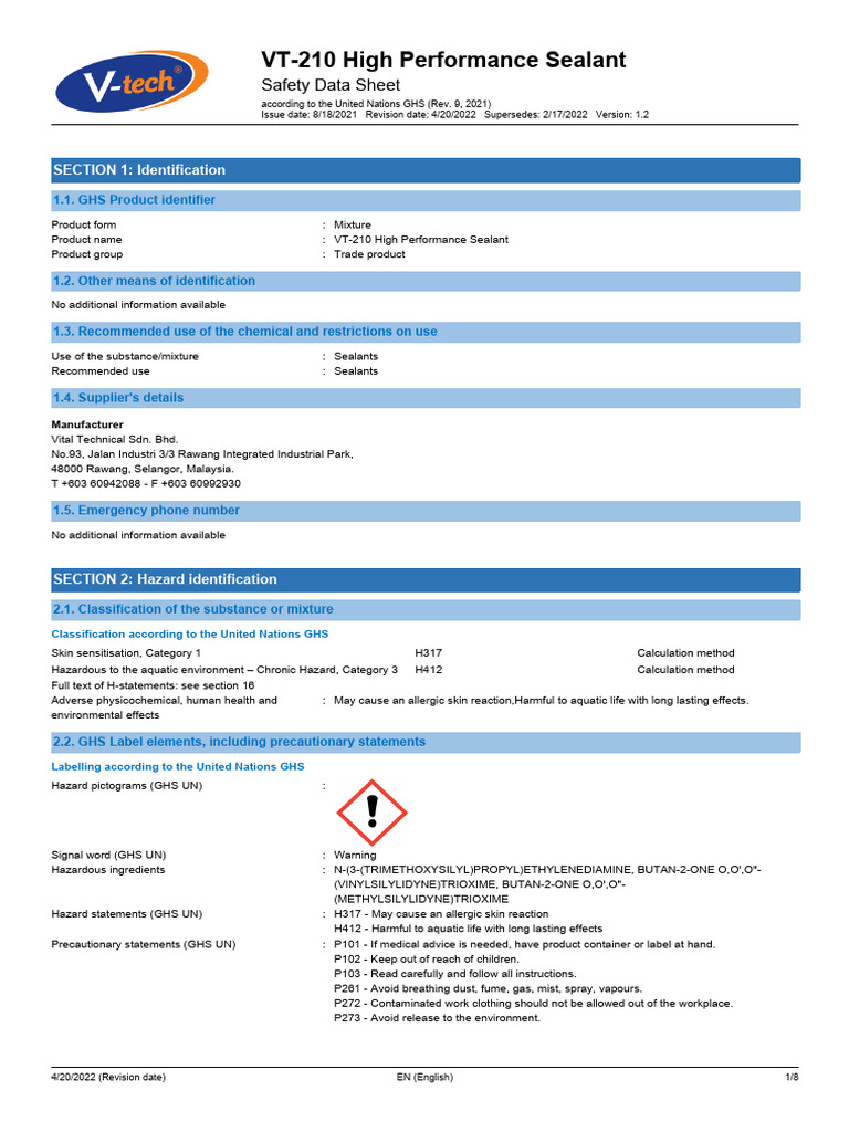 VT-210 High Performance Sealant - SDS - UN (GHS) - EN - 1.2 | PDF ...