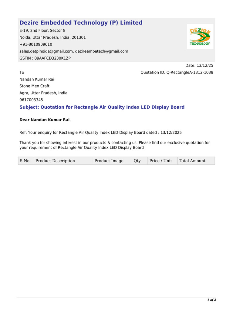 Quotation for Air Quality LED Display | PDF