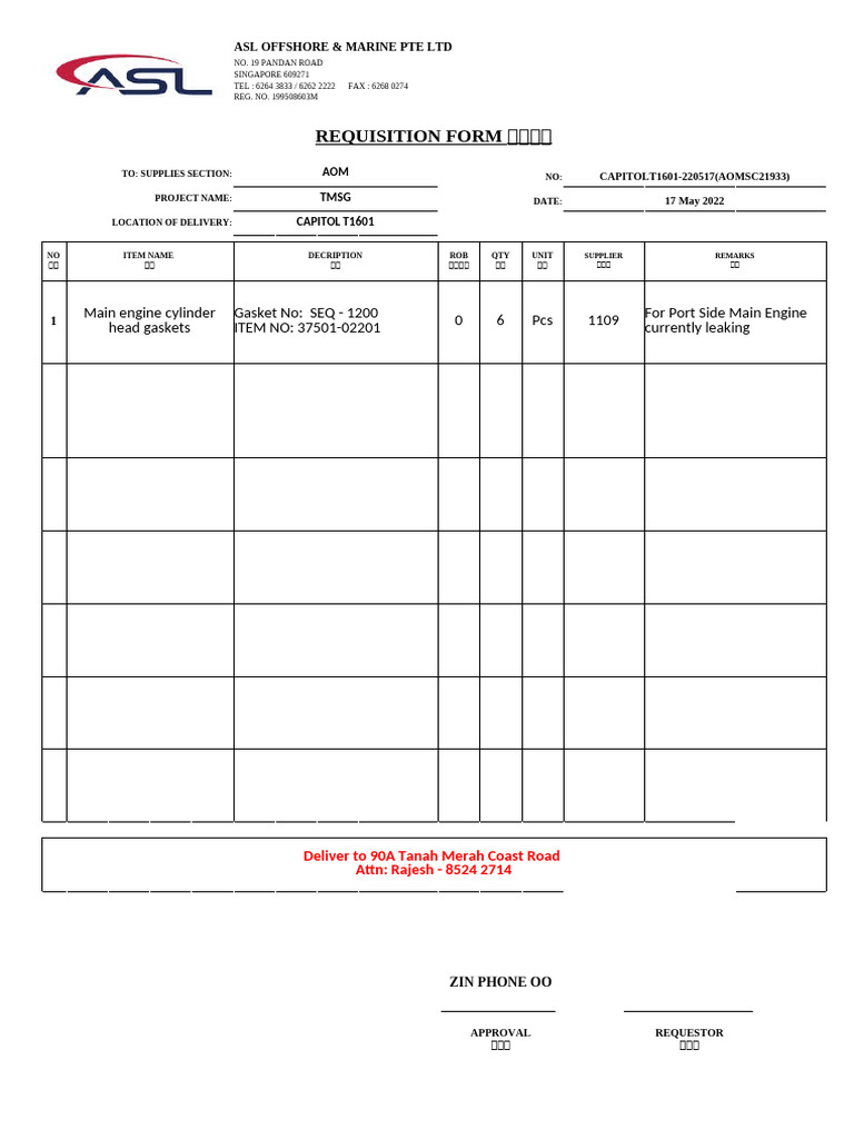 ASL Marine Supplies Requisition Form | PDF | Mains Electricity