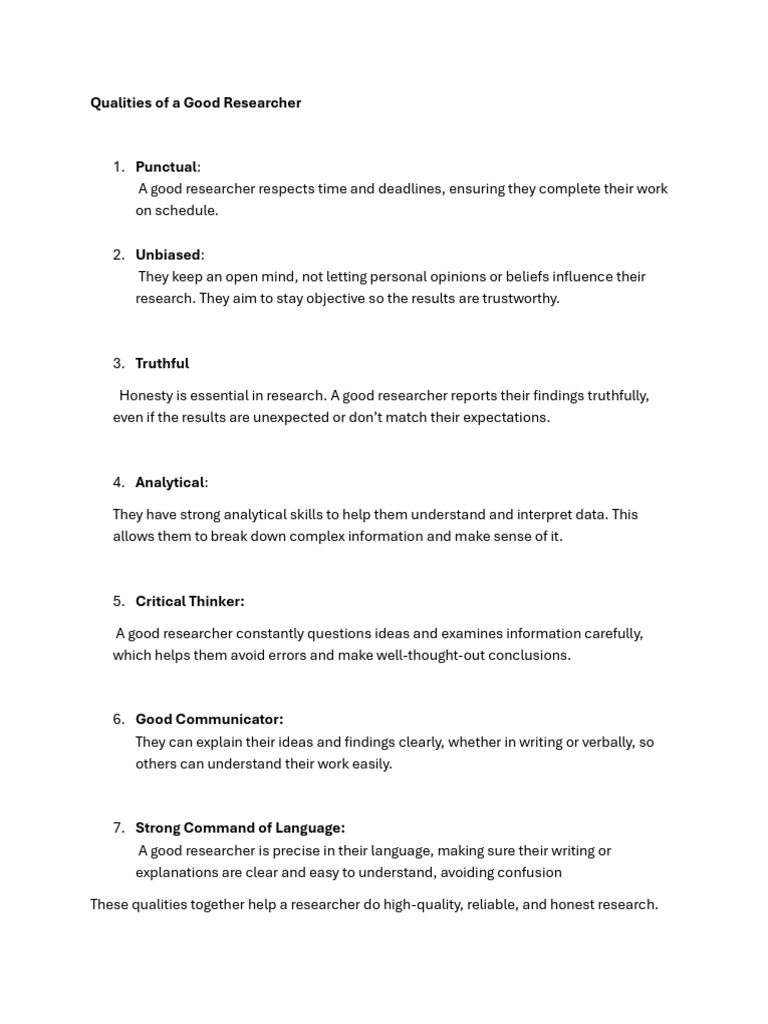 Essential Qualities of Good Researchers | PDF