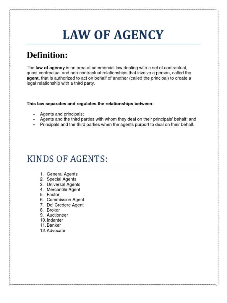 Law of Agency PDF Law Of Agency Government Information
