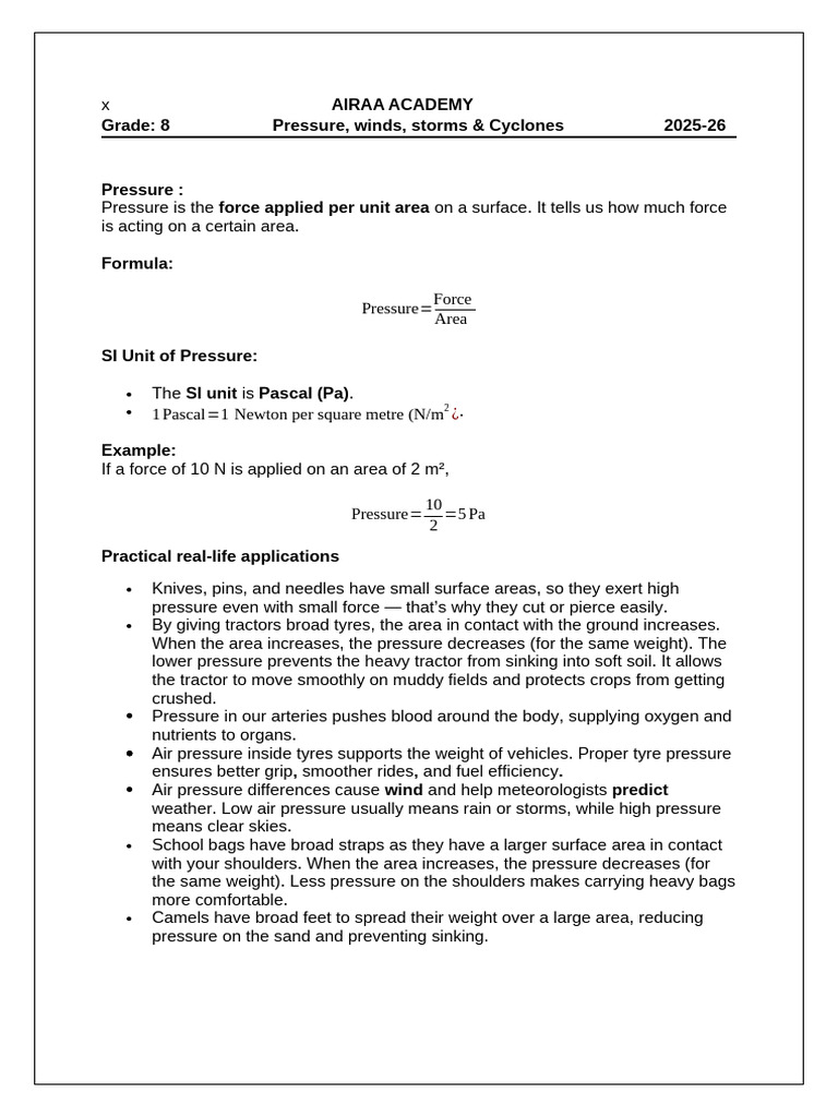 Airaa Academy Grade: 8 Pressure, Winds, Storms & Cyclones 2025-26 | PDF ...