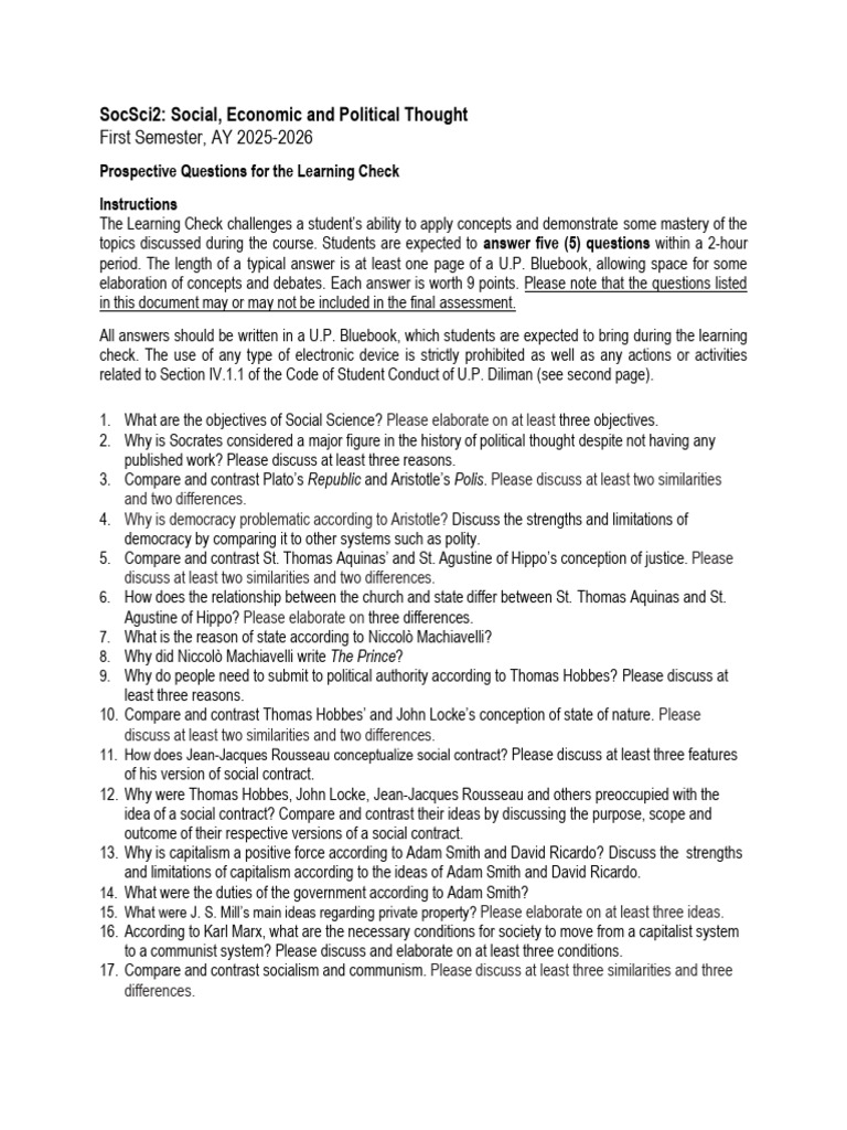 SocSci2 Learning Check Questions 2025-26 | PDF | Social Contract ...