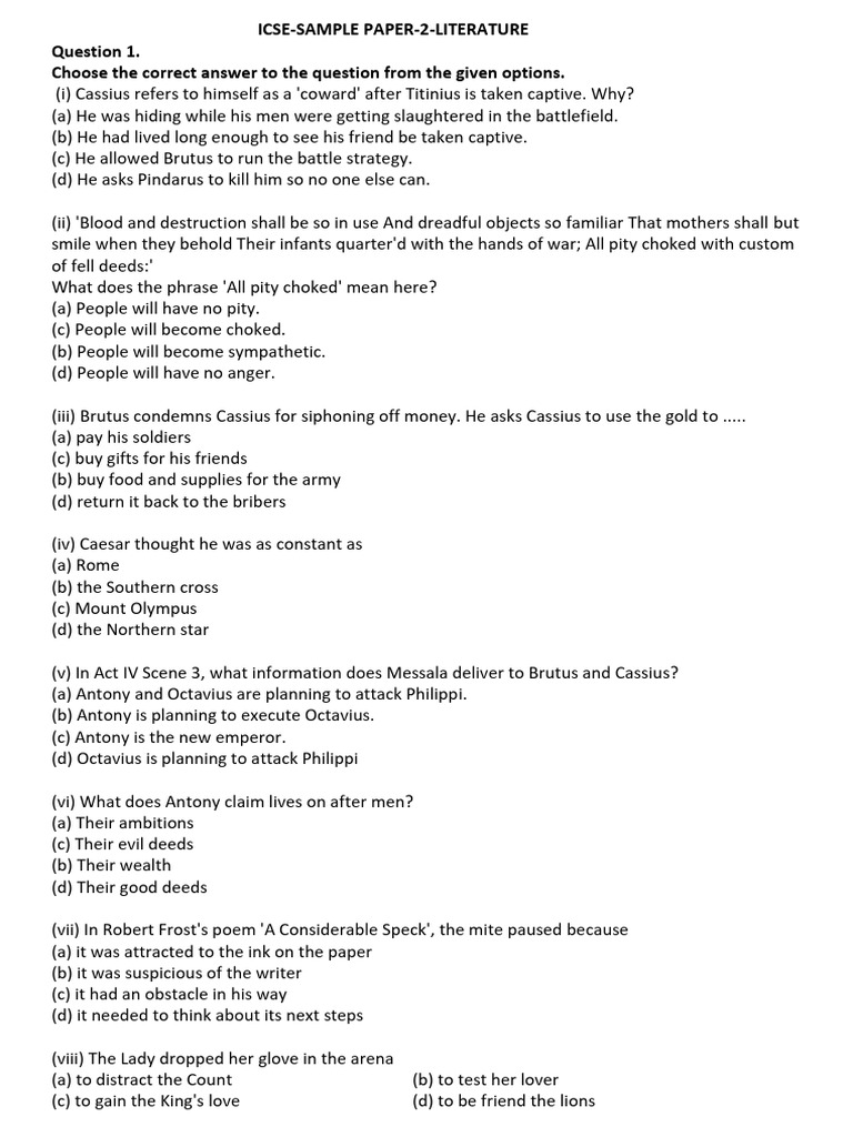 ICSE Literature Sample Paper 2 Questions | PDF | Mark Antony