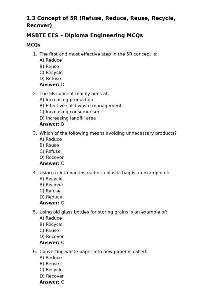 5R Concept: Refuse, Reduce, Reuse, Recycle | PDF