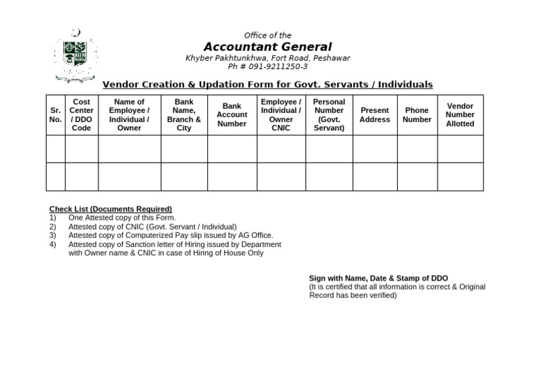 Vendor Creation Form for Khyber Pakhtunkhwa | PDF