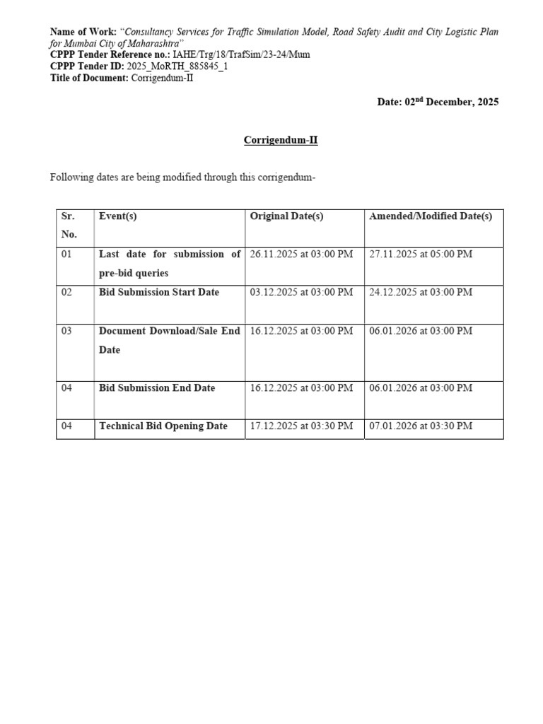 Mumbai Traffic Model Tender Corrigendum | PDF