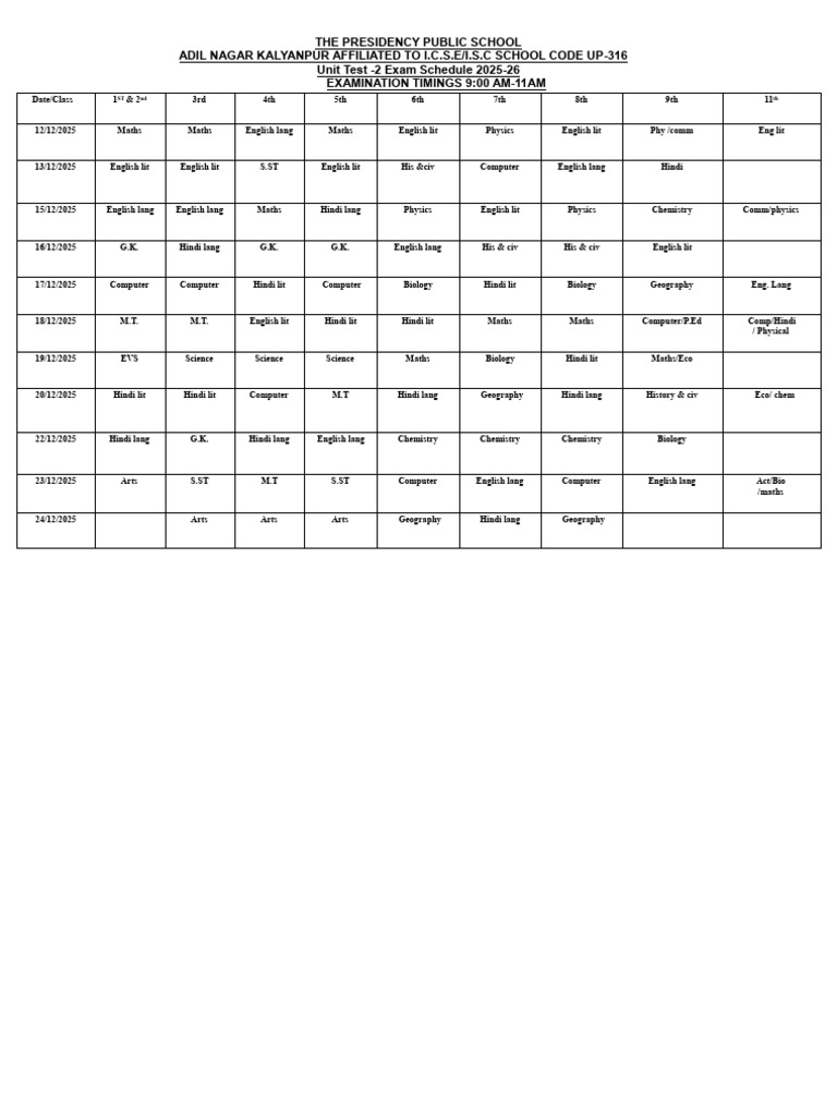 2025-26 Unit Test Schedule for I.C.S.E. | PDF