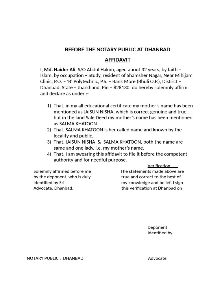 Affidavit of Name Clarification in Dhanbad | PDF