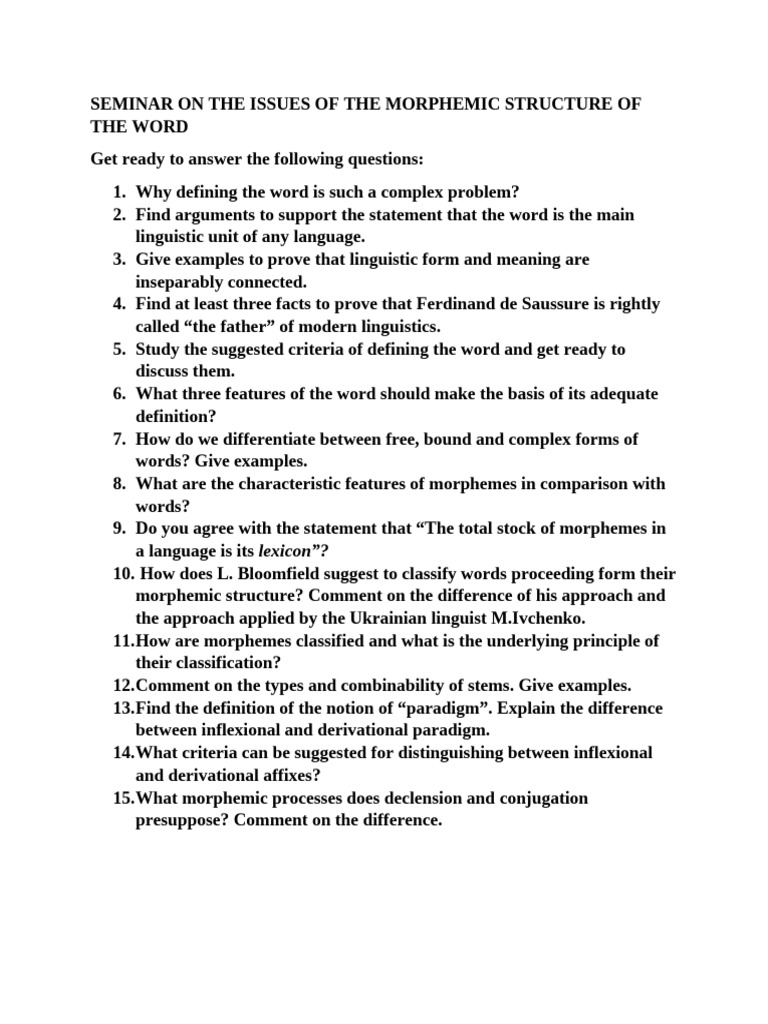 LEX - Seminar 2 On Morphemic Structure | PDF | Word | Linguistics
