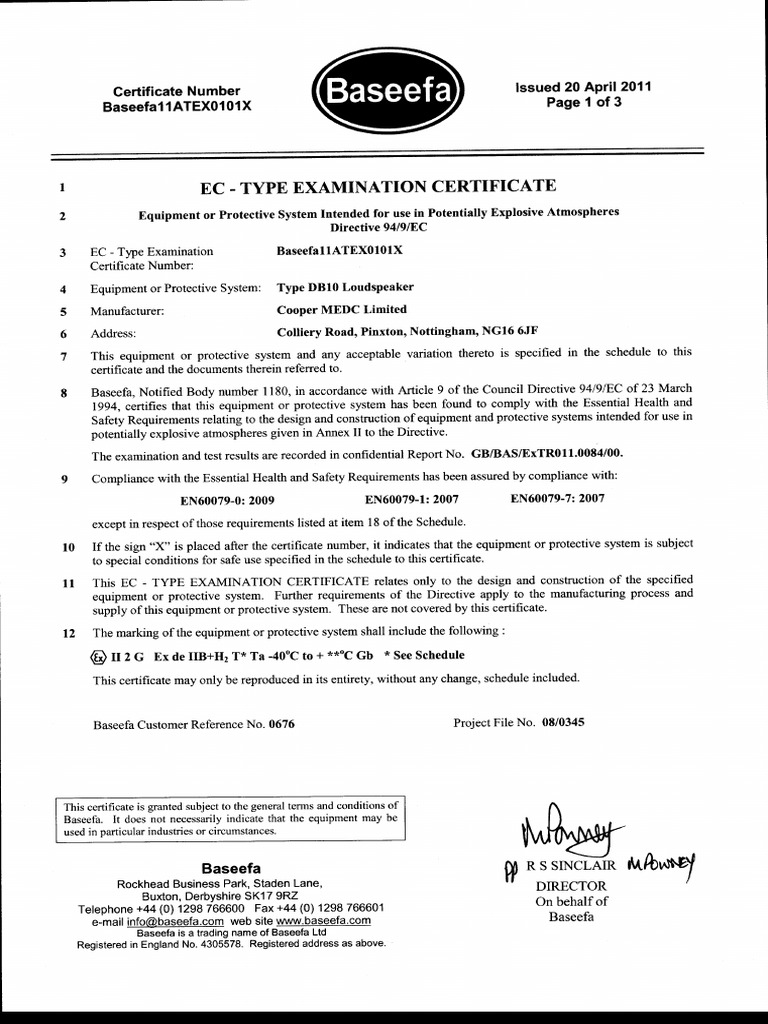 Certificat ATEX Baseefa11ATEX0101X | PDF