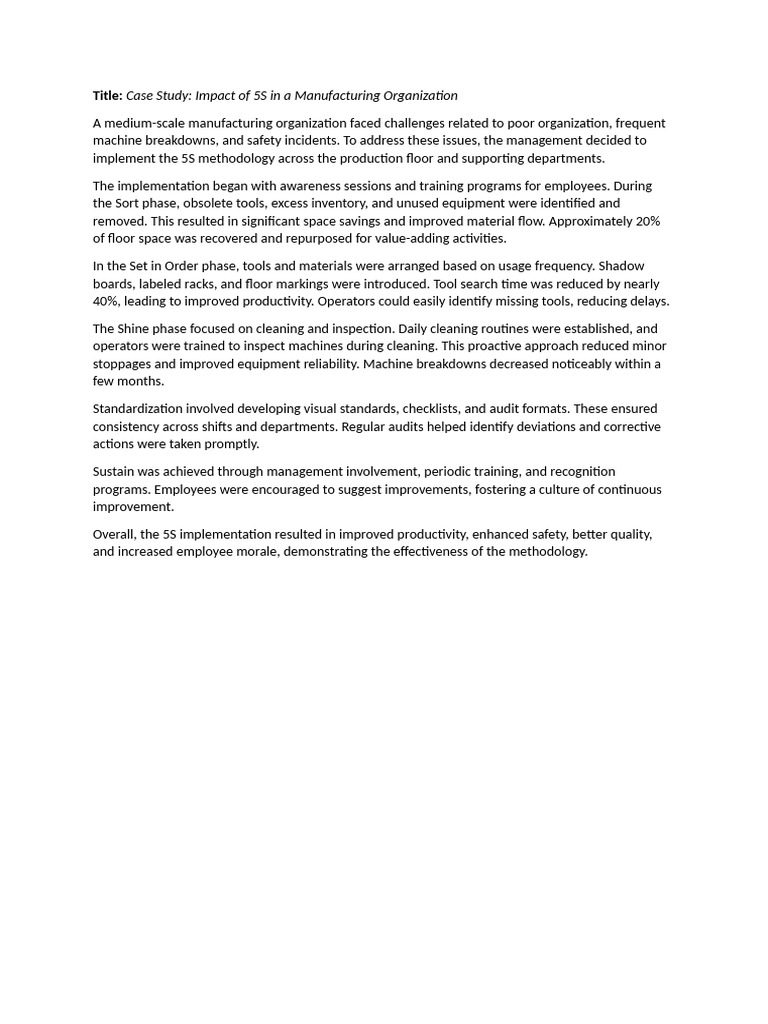 Case Study On 5S Implementation | PDF