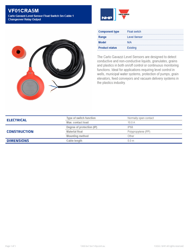 VF01CRA5M AU Float Switch Datasheet | PDF