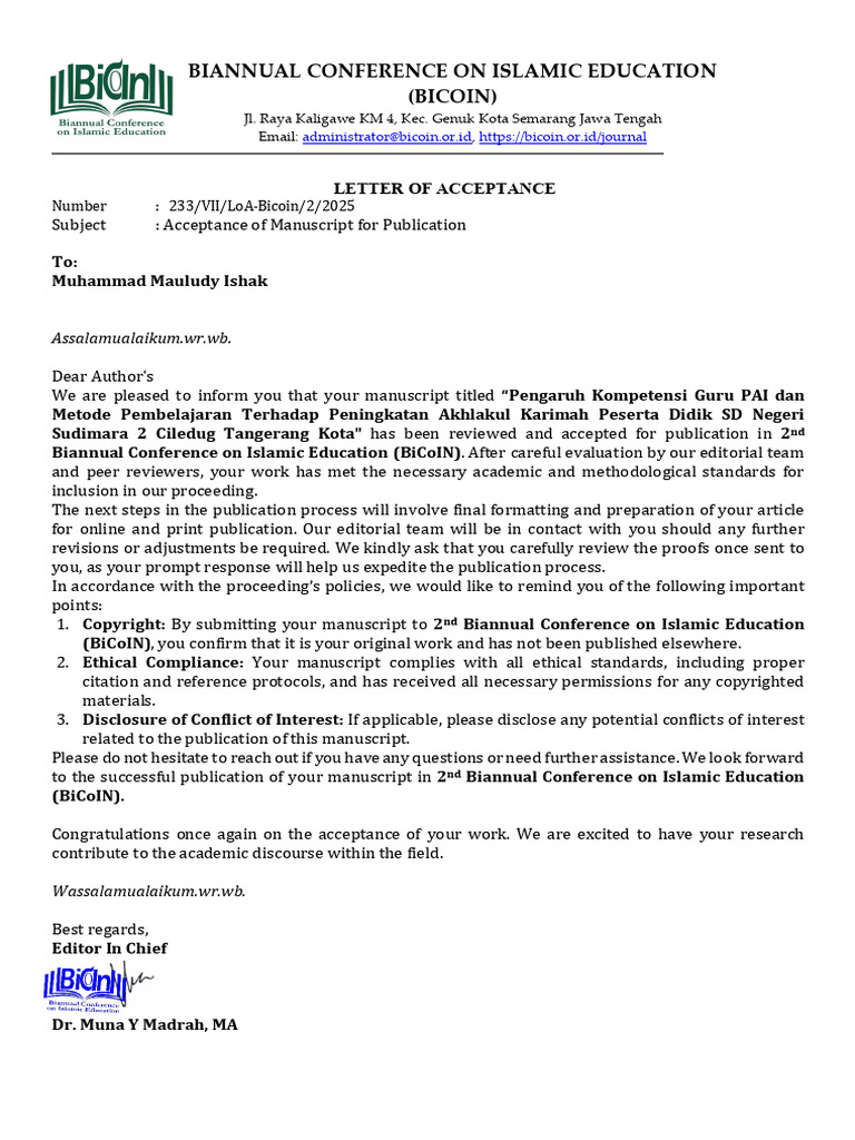 Biannual Conference On Islamic Education (Bicoin) : Letter of ...