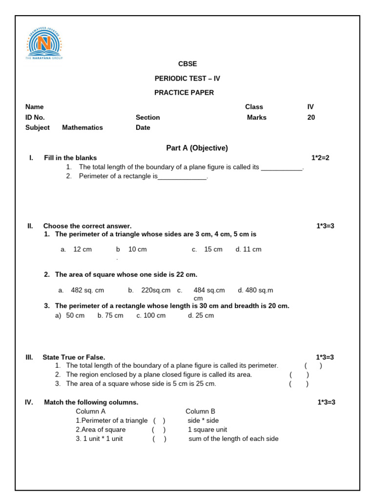 CBSE Class IV Mathematics Test Paper | PDF | Area | Length
