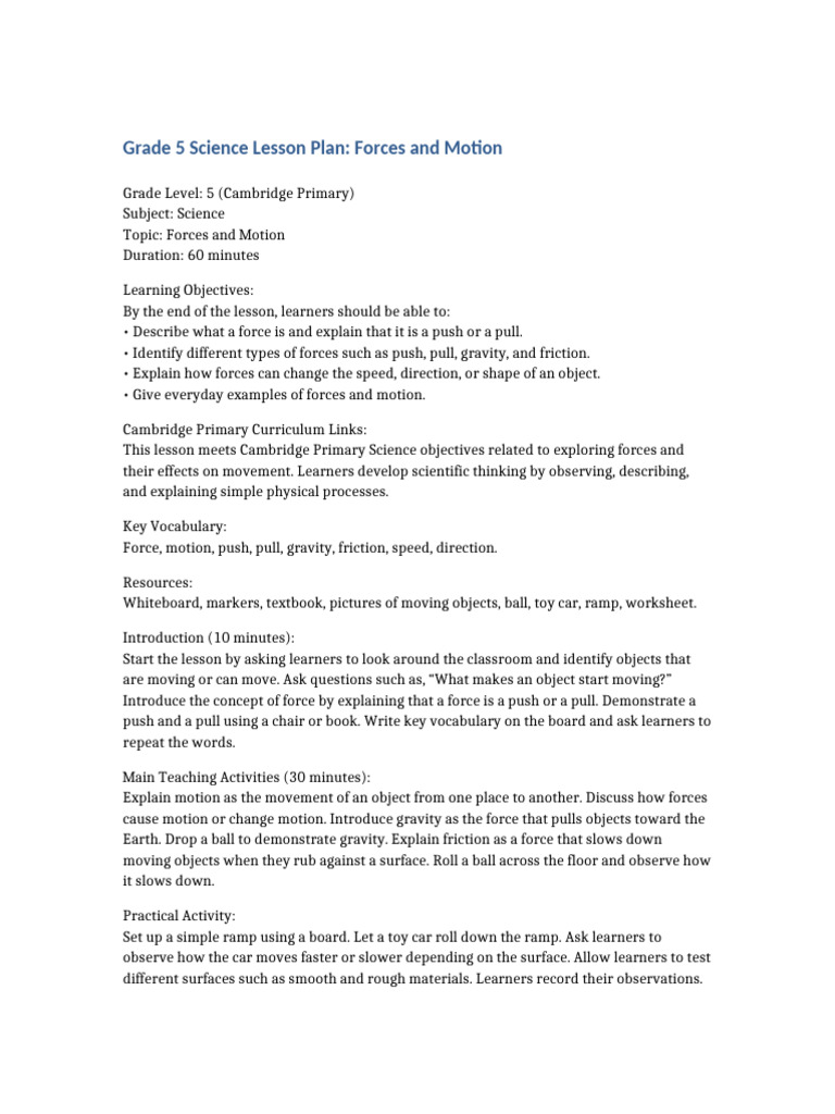 Grade 5 Forces and Motion Lesson Plan | PDF | Force | Friction