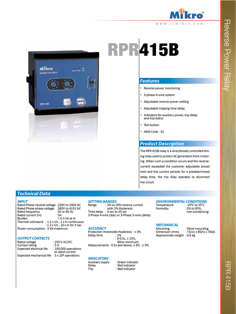 Reverse Power Relay RPR 415B Features | PDF | Mains Electricity | Relay