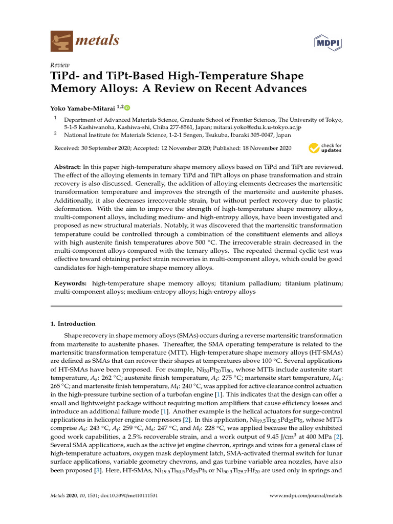 Advances in TiPd and TiPt Shape Memory Alloys | PDF