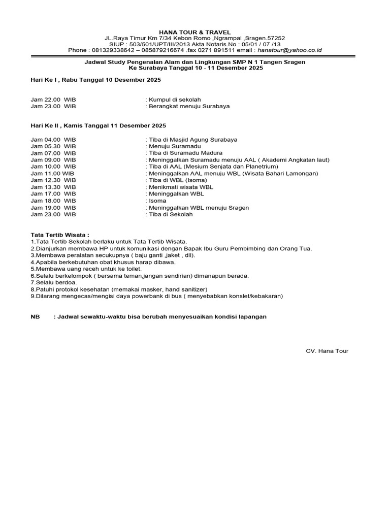 Rundown Spal Hana Tour & Travel | PDF