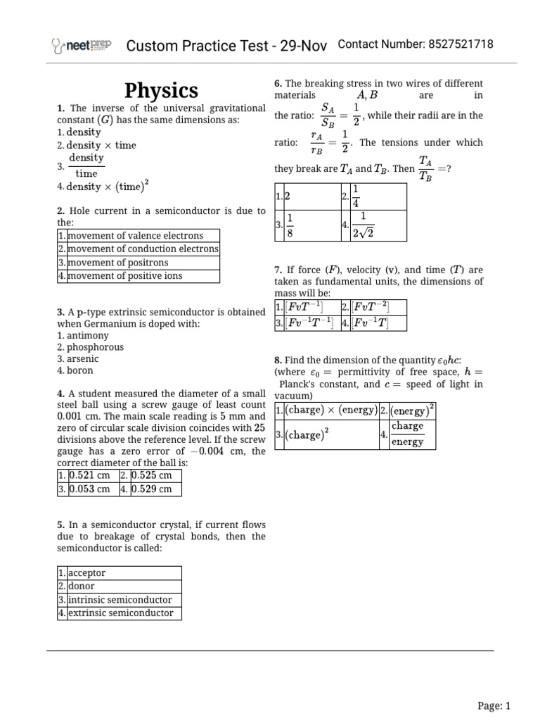 Physics Practice Test Questions | PDF | Mole (Unit) | Semiconductors